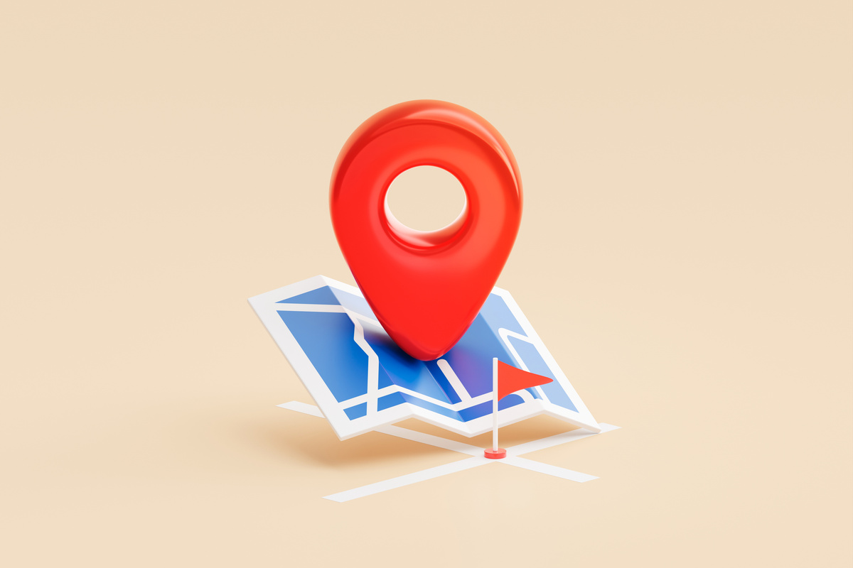 Red location pin mark map navigation on search icon 3d